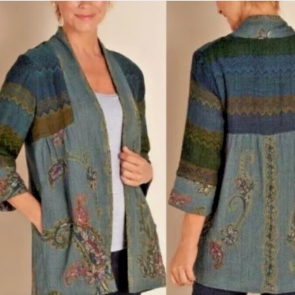 Soft Surroundings Blue 100% Wool Embroidered Cardigan